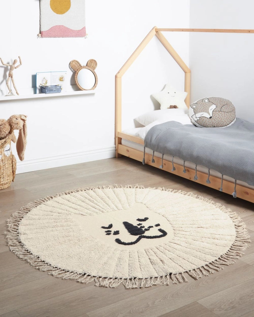 Tappeto Beige Cotone ø 140 cm Rotondo Decorativo Nappe Stampa Leone Stile Boho Soggiorno Bambini Stanza dei bambini