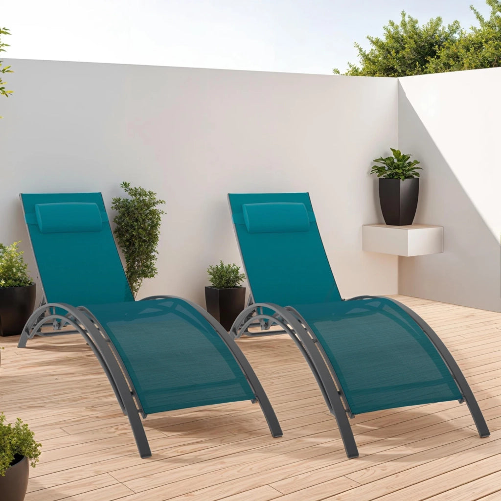 IDMarket - Set di 2 lettini da giardino reclinabili in acciaio HAVANE in tela blu anatra con cuscini