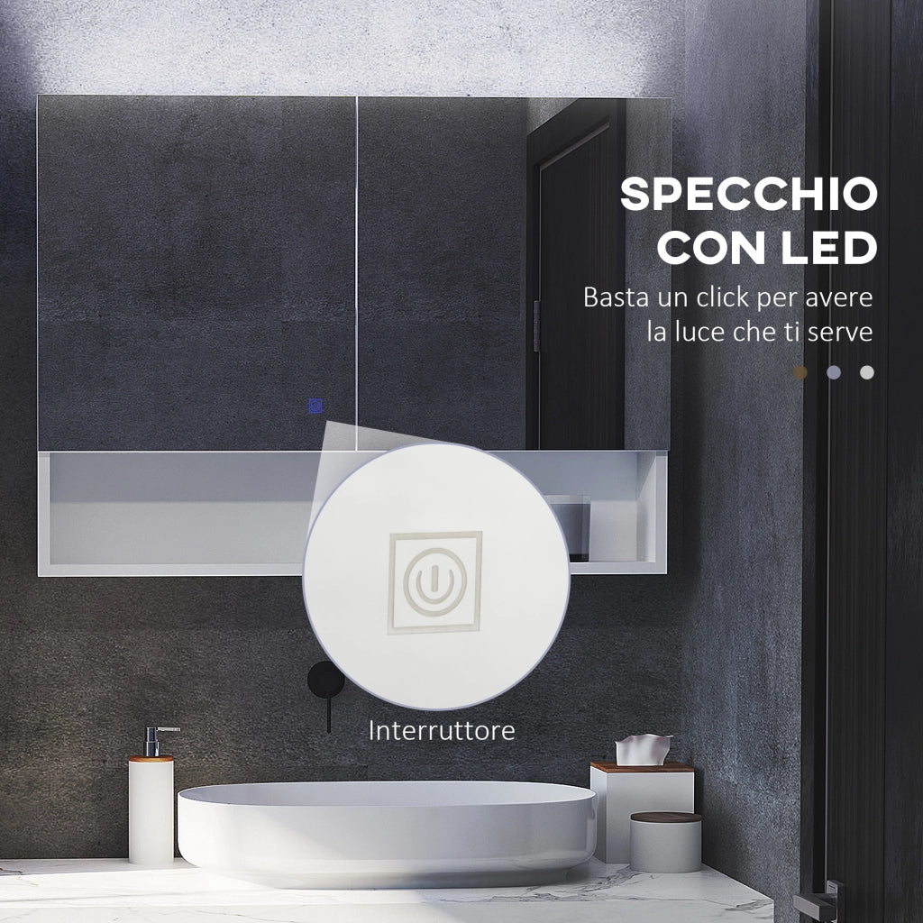 Armadio a muro con specchio e luci LED, ripiano aperto e interno ¨C Minimal ¨C 80x15x60cm