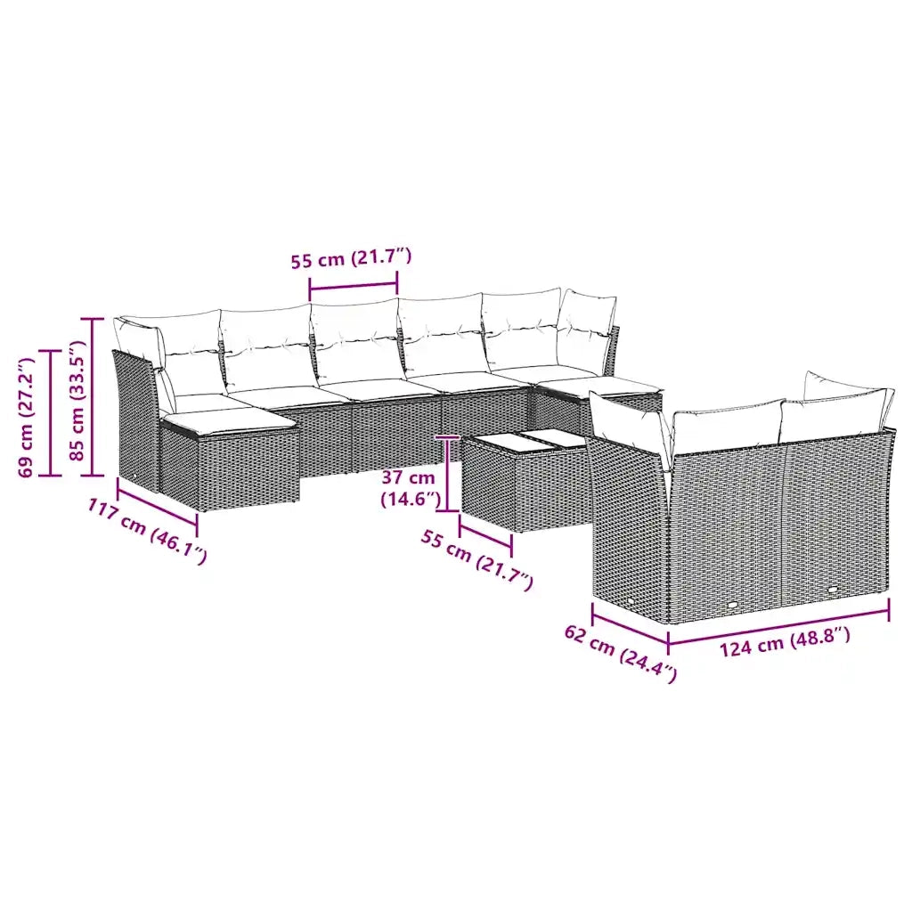Set Divano Giardino 10 pz con Cuscini Grigio Chiaro Polyrattan 3250161