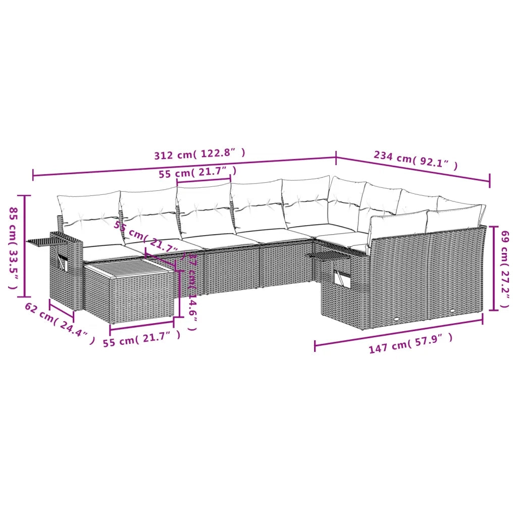 Set Divani da Giardino 10pz con Cuscini in Polyrattan Nero 3257057
