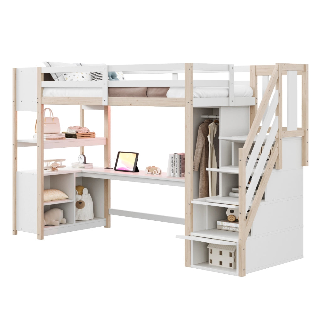 Letto a Soppalco con Scrivania e Armadio ¨C MINIMAL ¨C Legno Bianco, LED, 90x200