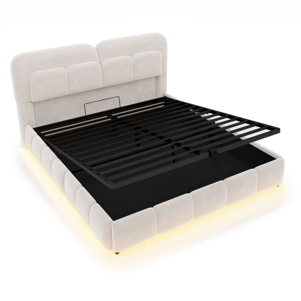 Letto matrimoniale 140 x 200 cm, testiera imbottita, con luci a LED, vano portaoggetti, rivestimento in velluto, beige