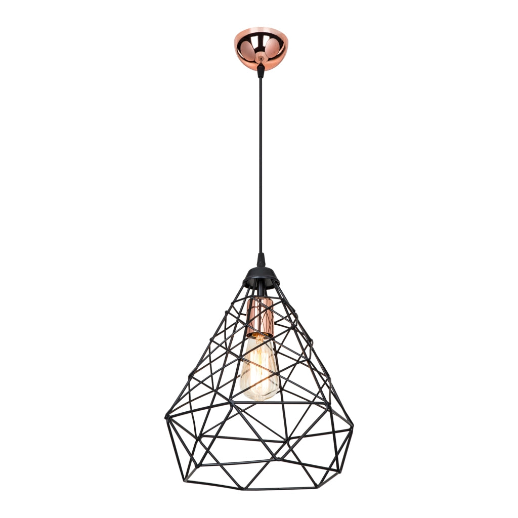 Lampada a Sospensione 'Bootle' con Paralume a Rete in Metallo Stile Industriale - Nero/Rame [lux.pro]