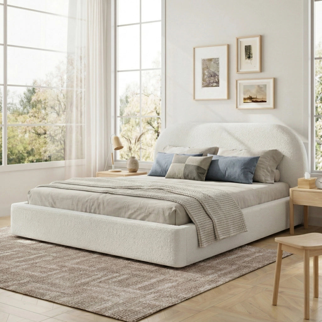 Letto Matrimoniale Imbottito con Testiera ¨C MINIMAL ¨C Boucl¨¦ Beige 180x200
