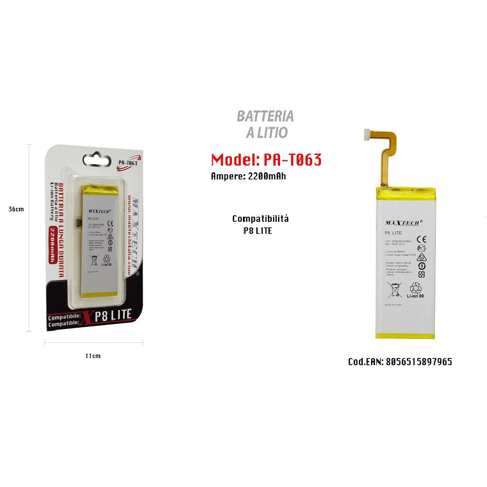 Trade Shop - Batteria Litio Lunga Durata Compatibile Huawei P8 Lite Maxtech 2200mah Pa-t063 -