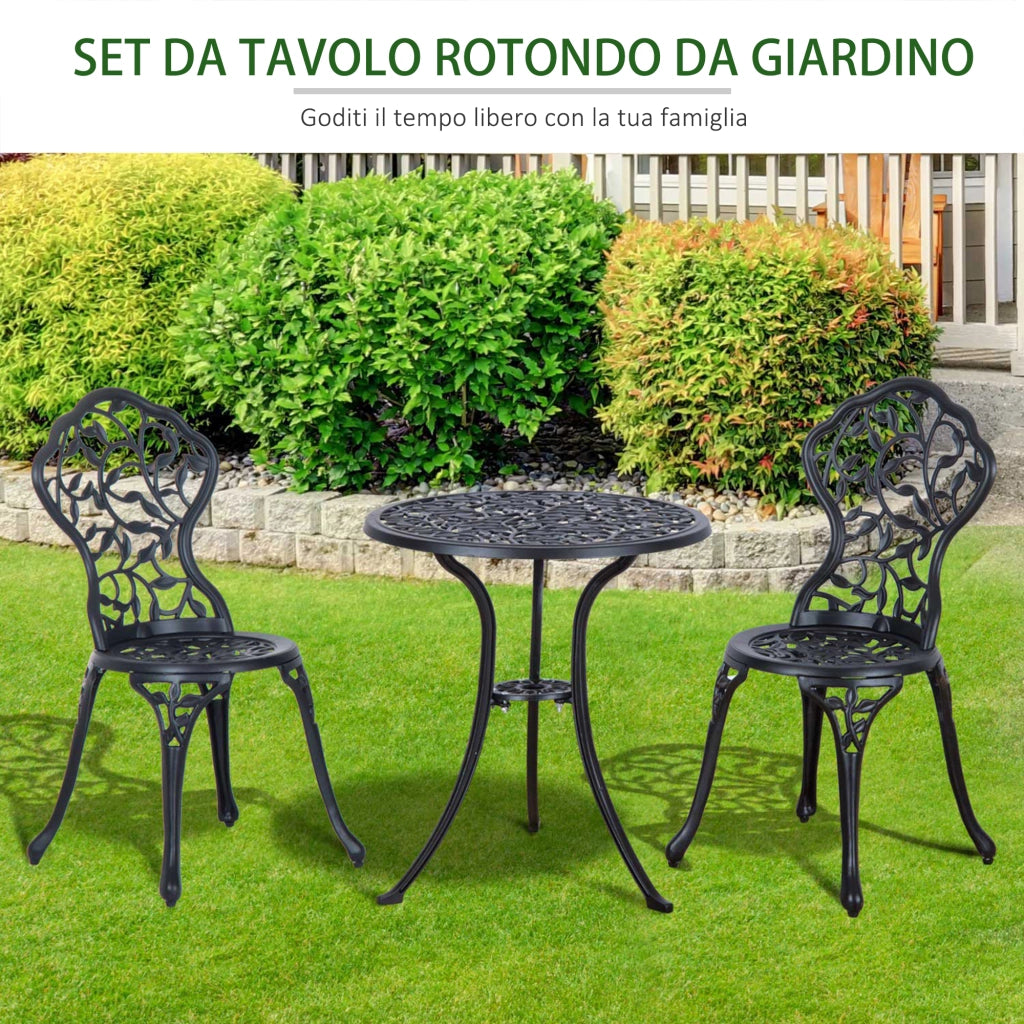 Set da Giardino 3 Pezzi con 2 Sedie da Esterno e Tavolo Rotondo in Alluminio, Nero