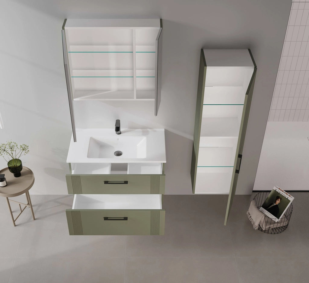 Mobile da bagno con specchio "Bari 80" - 75 x 16 x 66 cm - Verde opaco