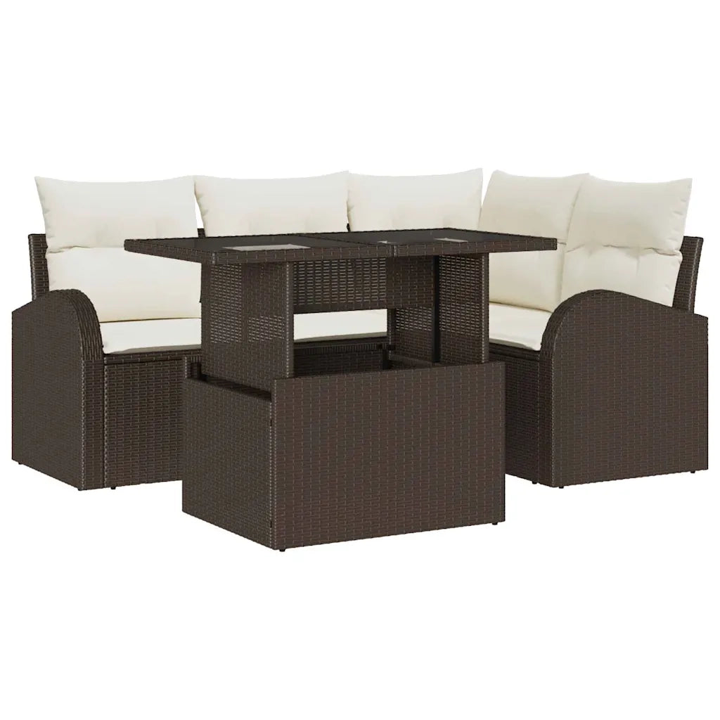 Set Divano da Giardino con cuscino 5 pcs Marrone Poly Rattan