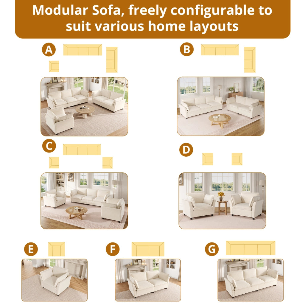 Divano modulare 3-2-1 - con cuscini per braccioli e seduta ampia - in chenille beige