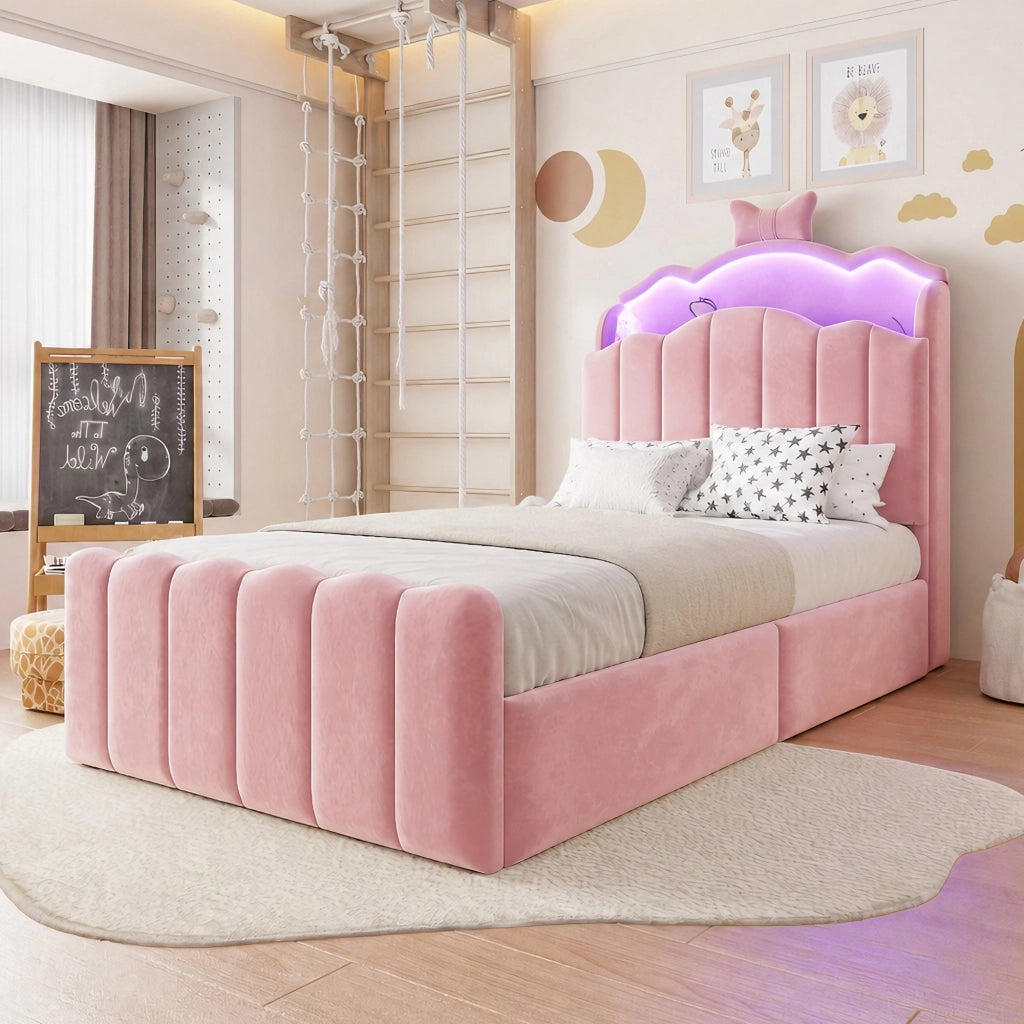 LETTO Contenitore 90x200 cm in velluto rosa con USB e LED