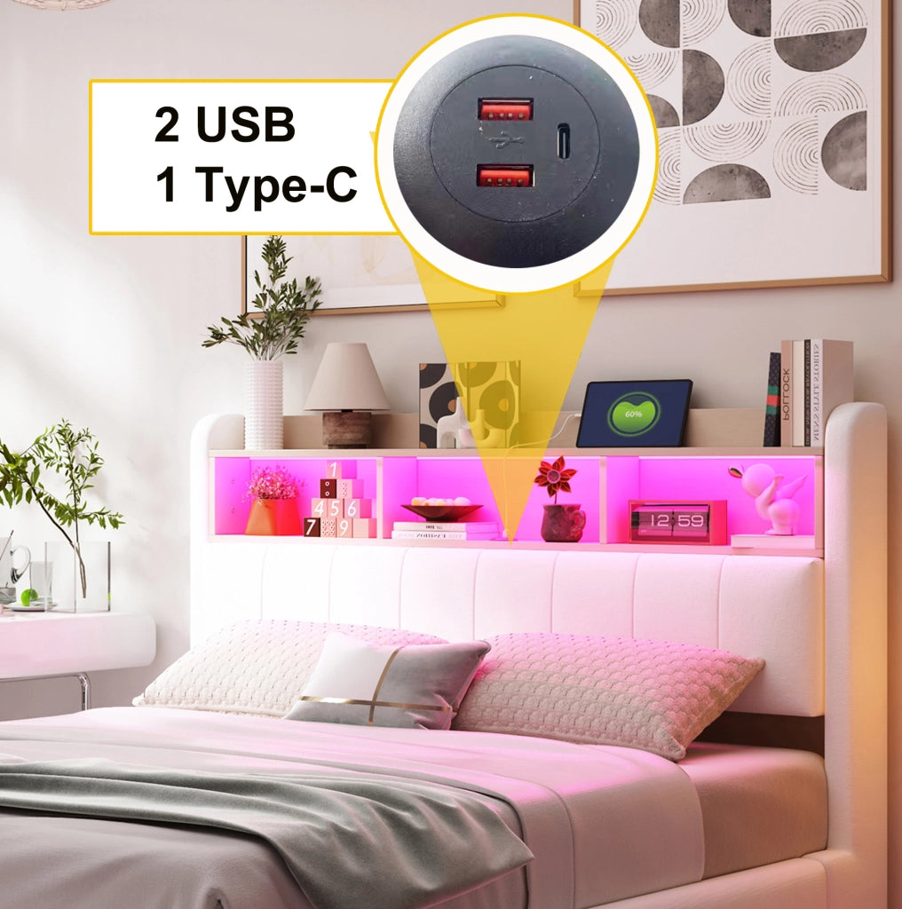 Letto imbottito sospeso 160x200 cm con LED; USB e Type-C; contenitore testiera; beige