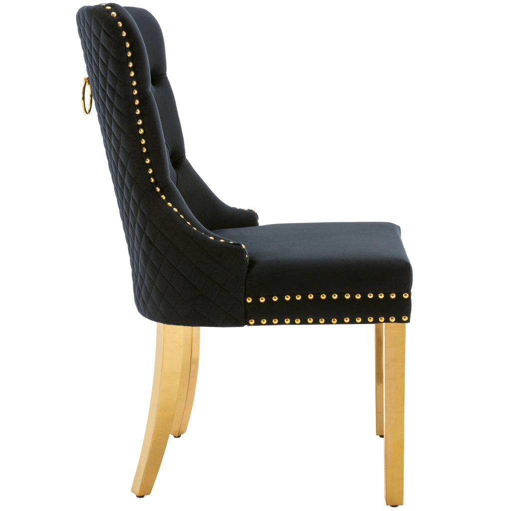Sedia da Pranzo Imbottita in Velluto ¨C Xylo ¨C Nero/Oro, Schienale con Anello, Gambe in Acciaio Dorato, Set 6
