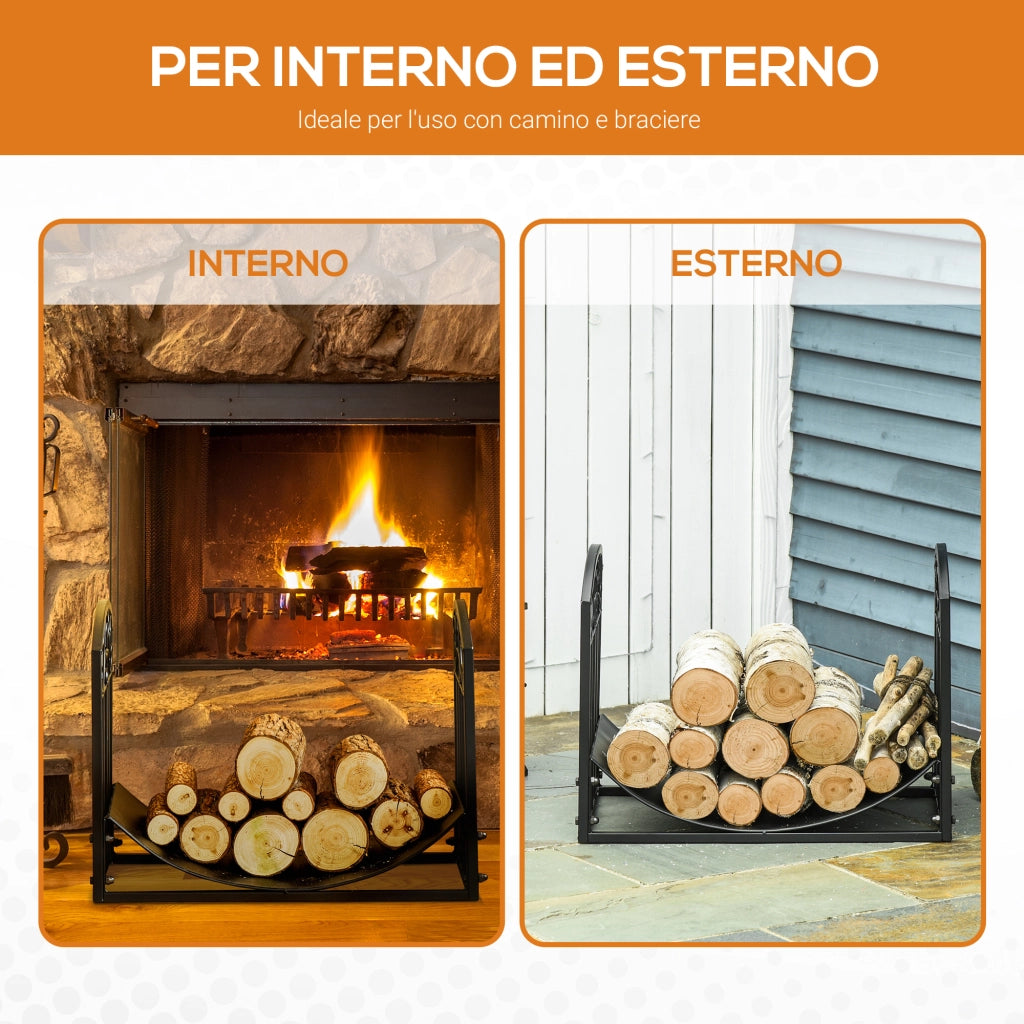 Portalegna da Interno ed Esterno in Metallo con Ripiano Curvo, Fino 60kg di Legna, Nero, 60.5x36x46.5cm