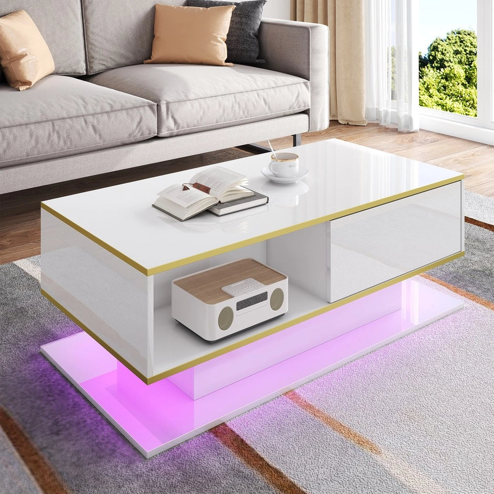Tavolino da Caff¨¨ LED con Cassetti ¨C MINIMAL ¨C Lucido Oro, USB, 100 cm