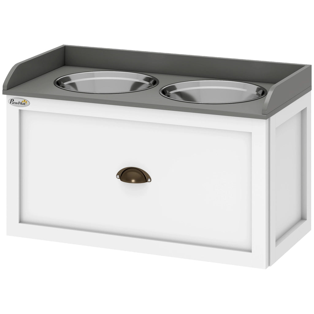 Ciotola Rialzata per Cani ¨C Xylo ¨C Acciaio Inox e Legno con Cassetto, 60x30x36cm, Bianco e Grigio