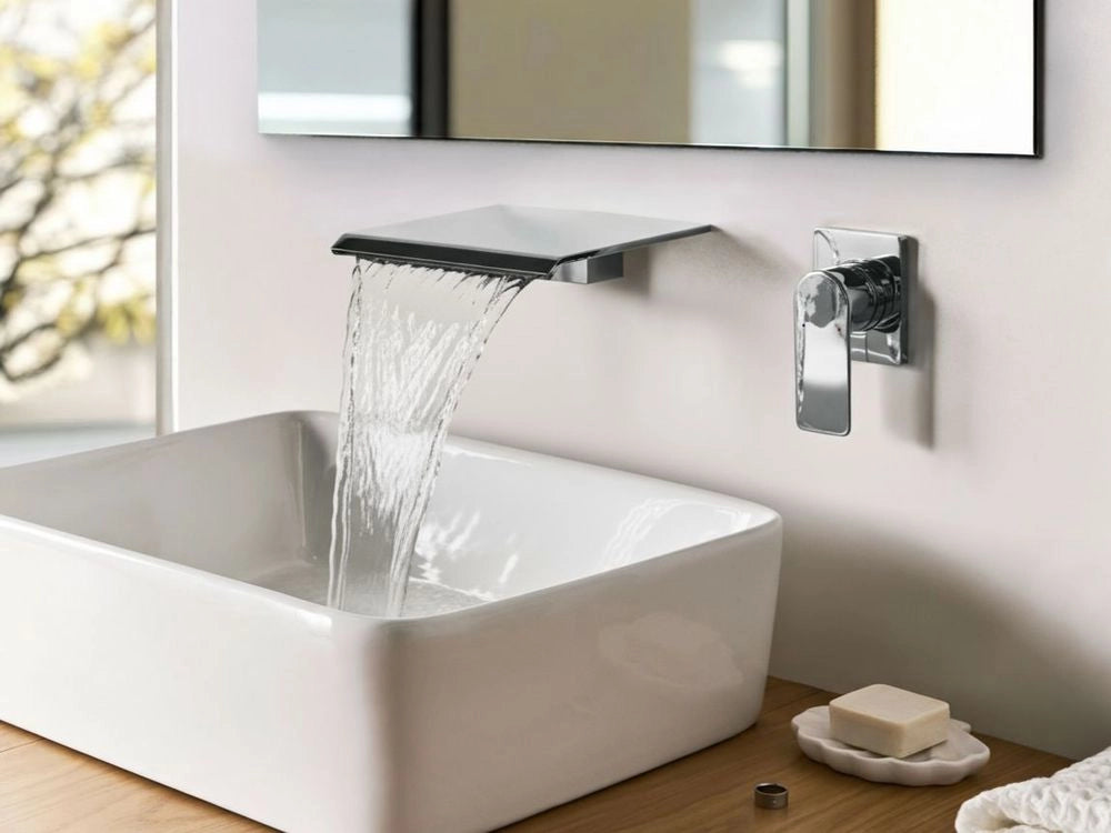 Rubinetto a cascata per lavabo a parete in ottone argentato monocomando