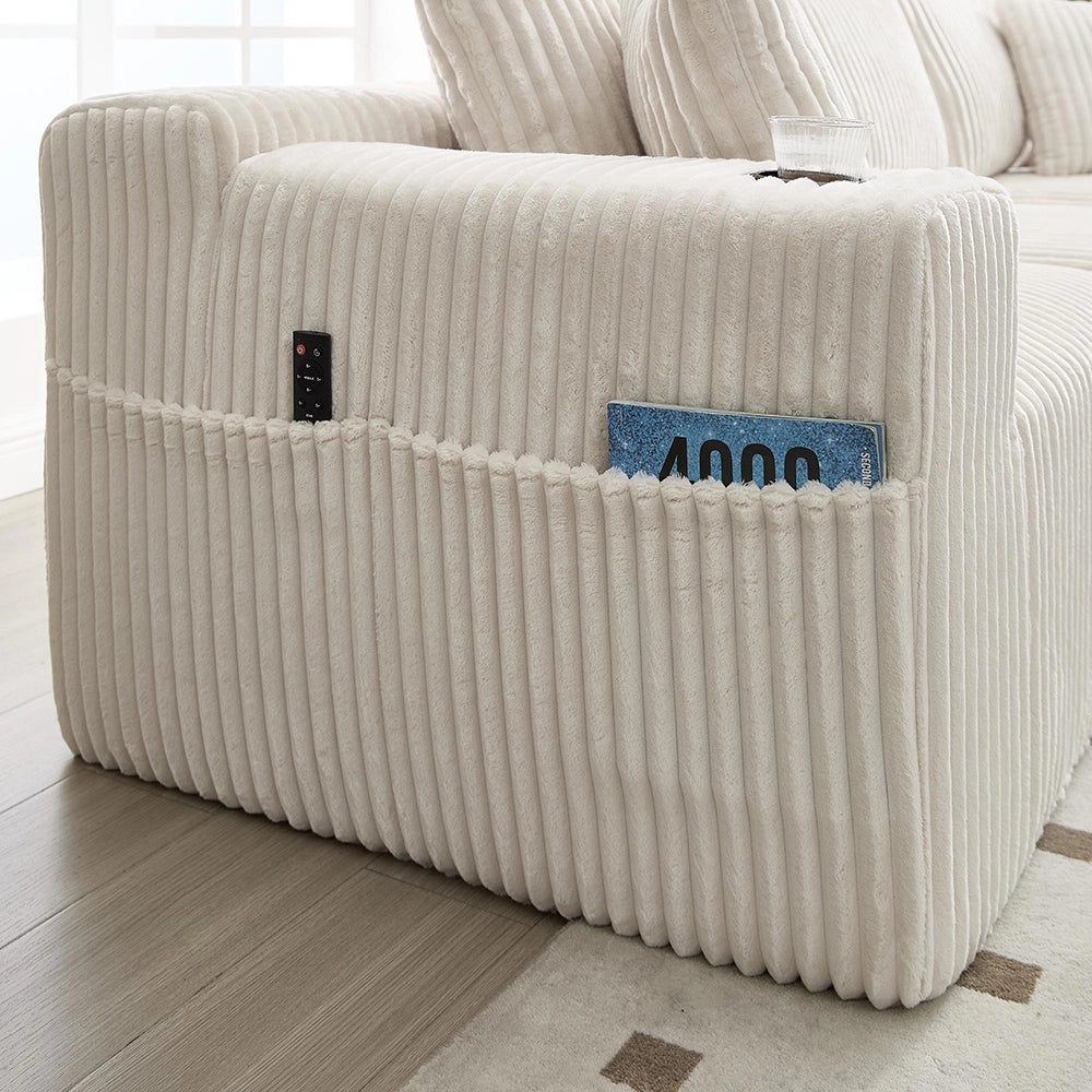 Divano modulare con chaise longue e 2 posti - Xylo - Velluto costato, 5 cuscini, portaoggetti e bevande