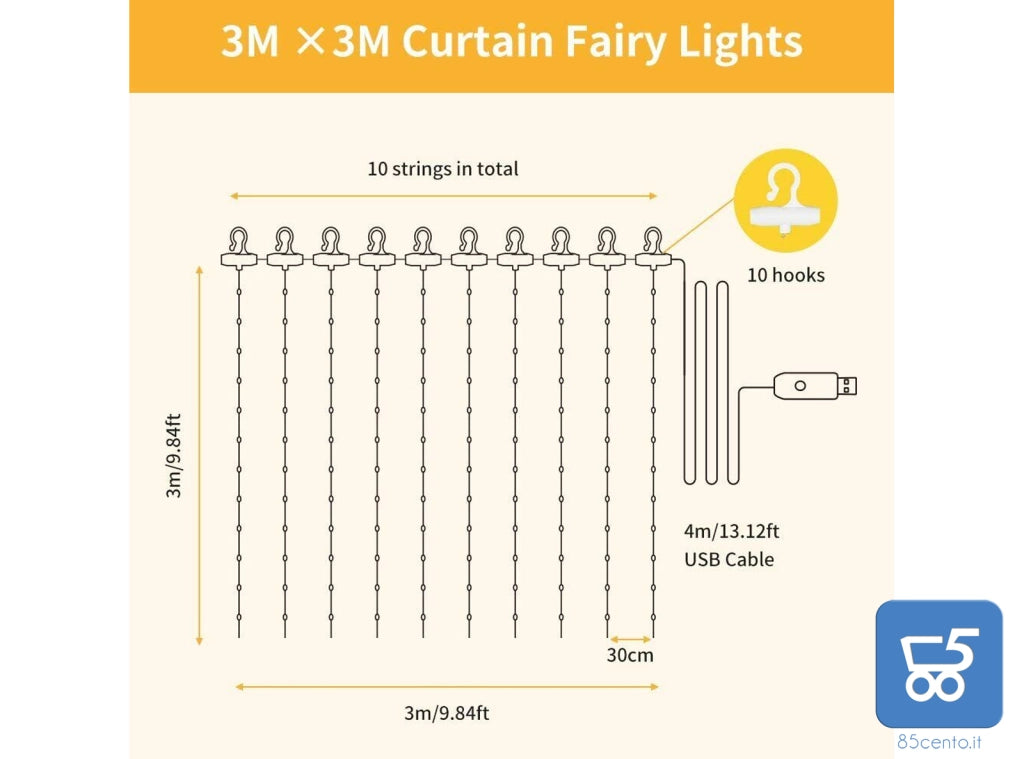Stringa Luci LED per Tende e Decorazioni Bianco Caldo Alimentazione USB 3m x 3m con Telecomando