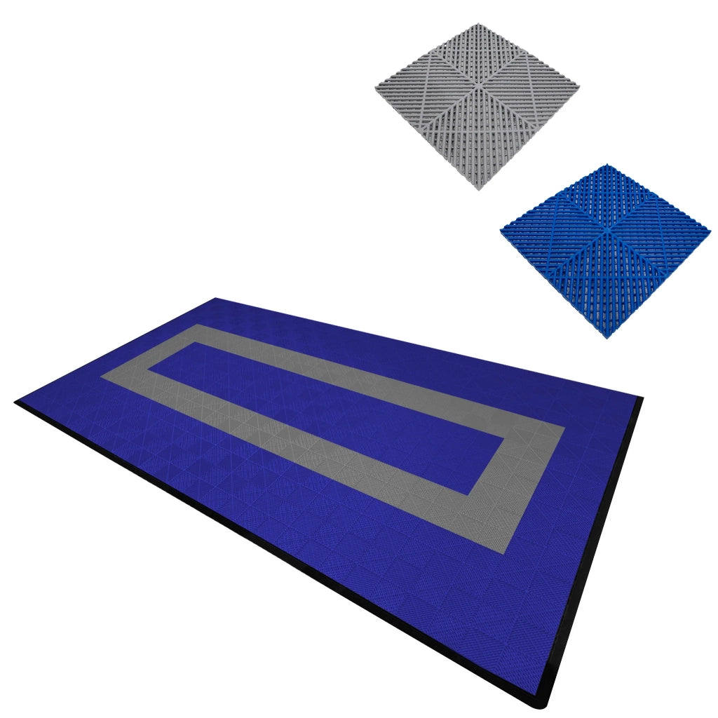 Piastrelle ventilate Blu e Grigie 3,2m x 6m per garage e officine, antiscivolo.