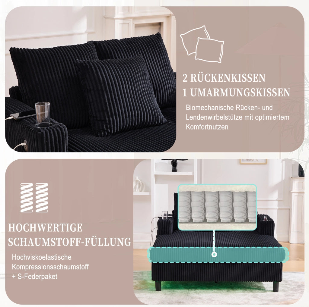 Poltrona relax oversize in velluto a coste nero con LED; USB; portabicchieri; 142 cm