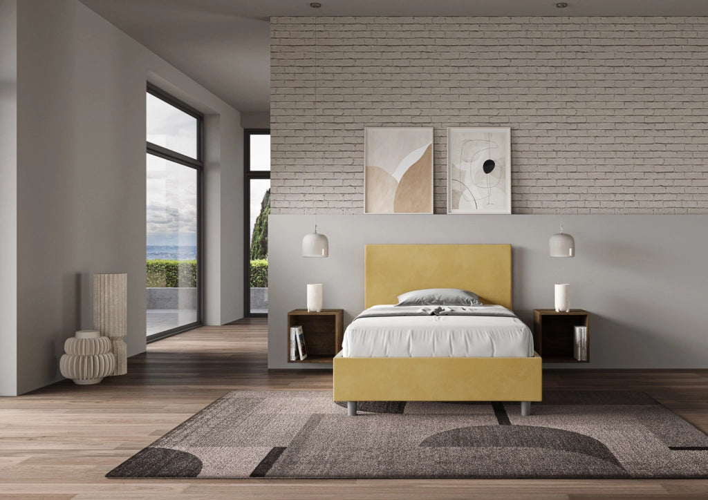 BS COM Letto una piazza e mezza contenitore imbottito 110x200 microfibra ocra