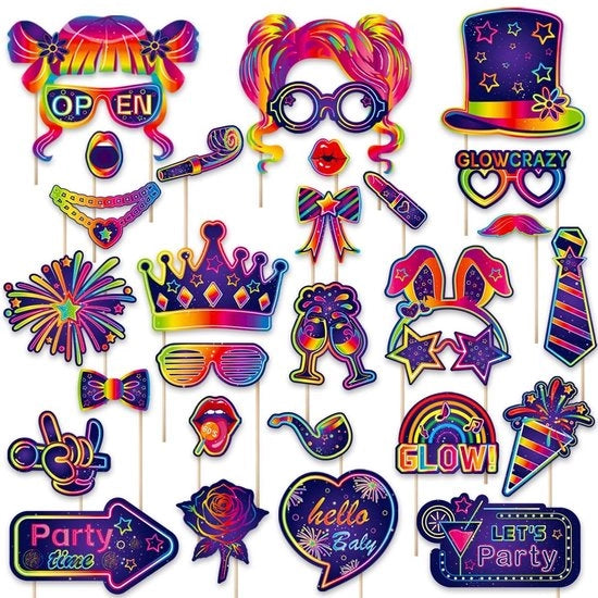 Accessori di Festa Neon 30 pezzi - Decorazioni di Festa con Luce - Accessori per Festa Retro Anni 70/80/90 - Attrezzature per Feste - Facili da Montare - Accessori per Fotografia