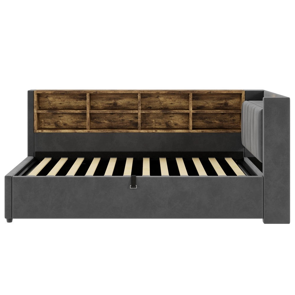 Letto Imbottito Contenitore 90x200 con Luce LED e USB ¨C MINIMAL ¨C Velluto Grigio Scuro