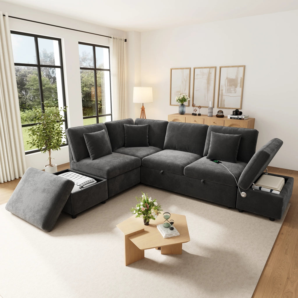 SOFA ANGOLARE MODULARE 247,5x172x87 cm in chenille grigio, con 2 pouf e 3 cuscini