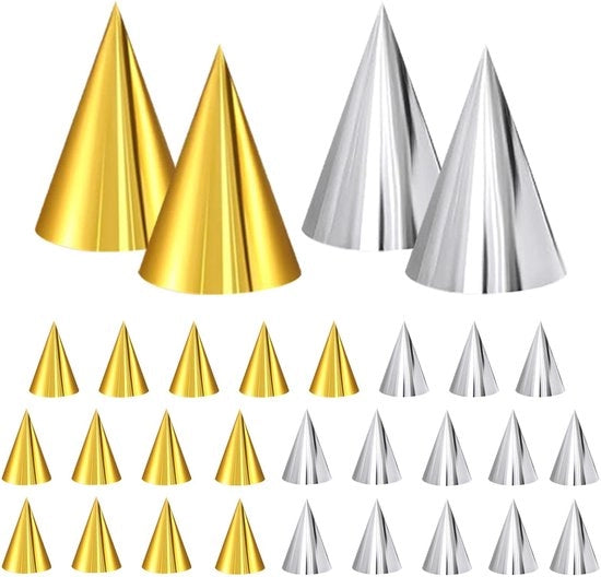 Decorazioni per Festa 30 pezzi - Cappelli a Cono - Oro/Argento - Decorazione per Compleanno - Leggero - Carta di Alta Qualità - Cappelli da Festa