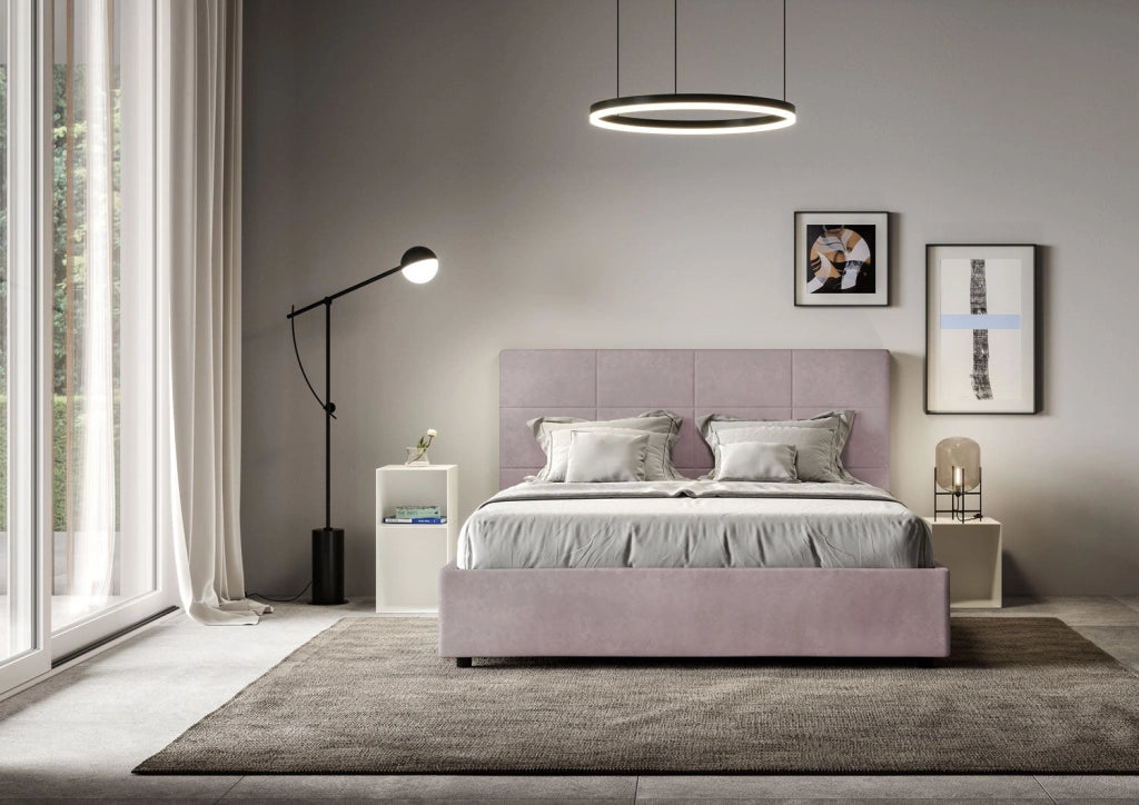 Letto queen size con rete imbottito 150x200 microfibra glicine Mika