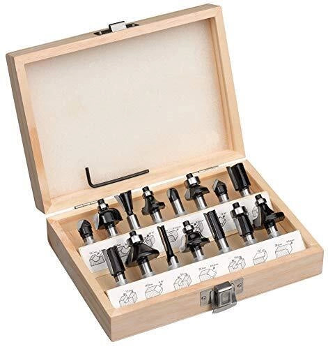 KWB 49757291 Set 15 Frese per Legno in Metallo Duro Gambo 8 mm Diametri 6-32 mm Scanalature Smussi Profili in Cassetta di Legno