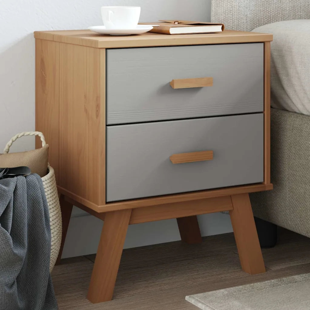 Comodino OLDEN Grigio e Marrone in Legno Massello di Pino 358583