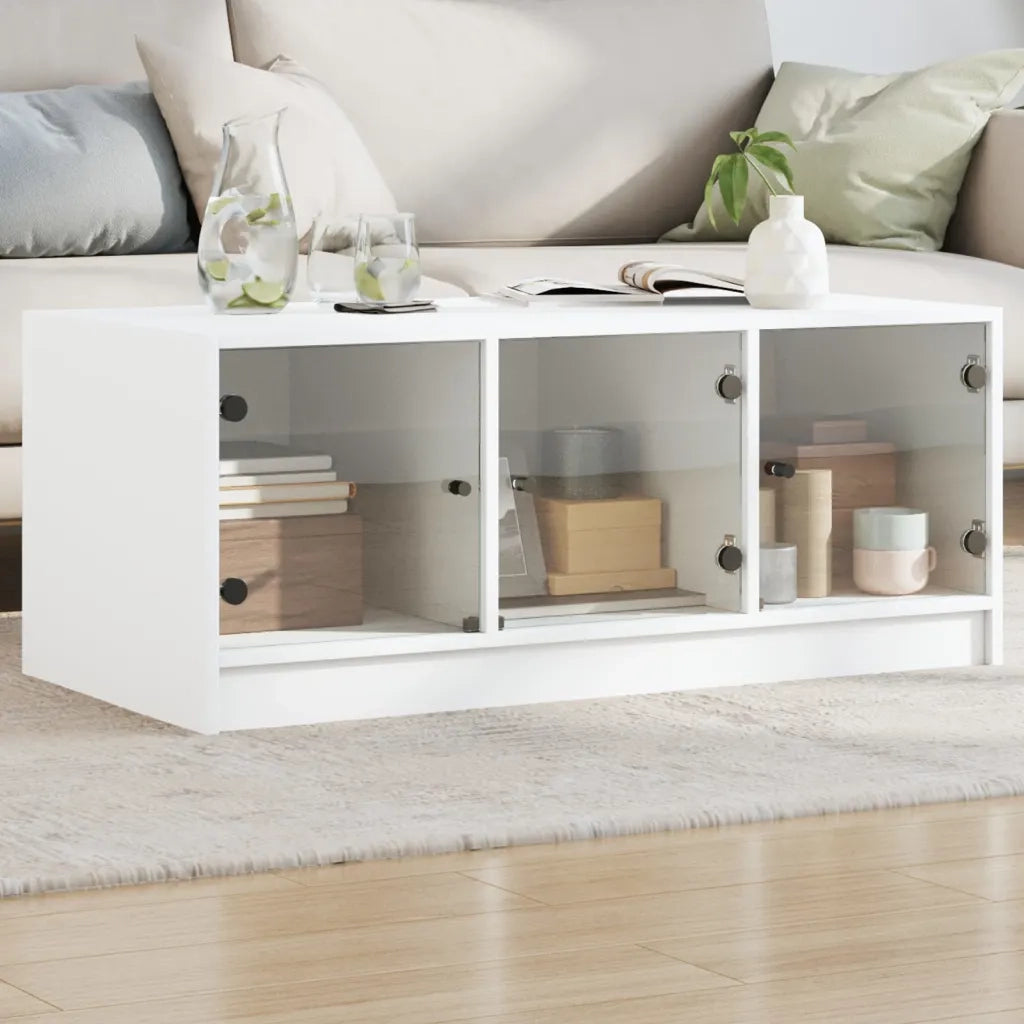 Tavolino da Salotto con Ante in Vetro-Tavolino da soggiorno Bianco 102x50x42 cm