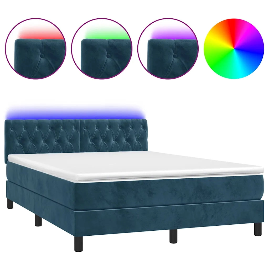 Letto a Molle con Materasso e LED Blu Scuro 140x200 cm