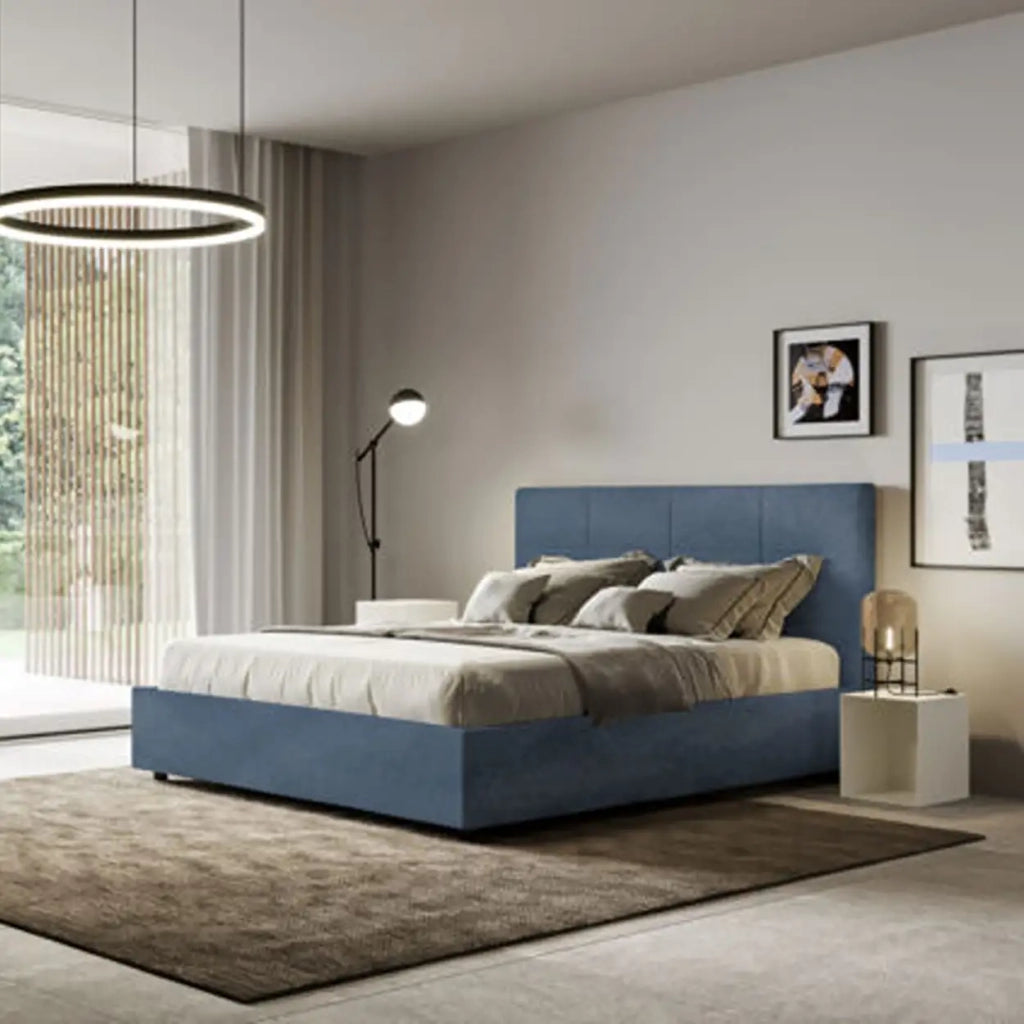 Letto matrimoniale francese con rete imbottito 140x200 microfibra blu Mika