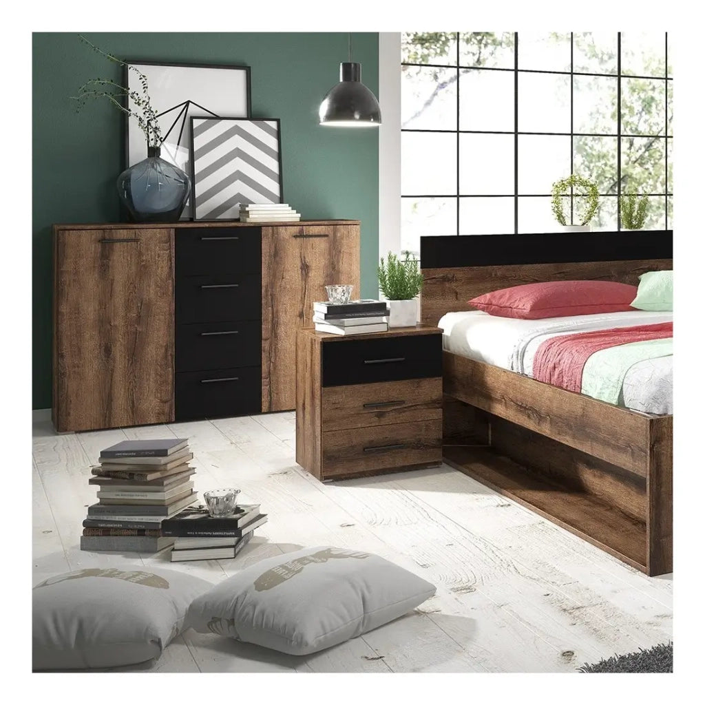 Set letto 180x200 più comodini collezione EOS. Colore rovere scuro e nero.