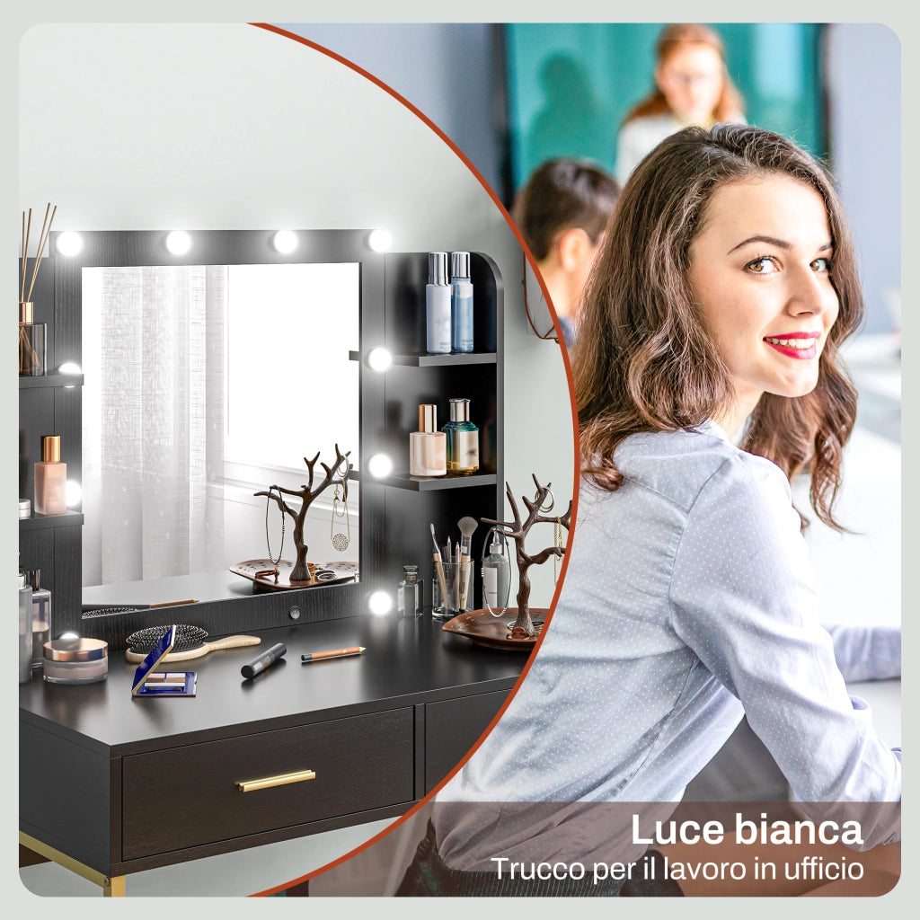 Toeletta Trucco con Specchio 10 Lampadine e Sgabello Imbottito, con 2 Cassetti e Ripiani ¨C Minimal ¨C Nero