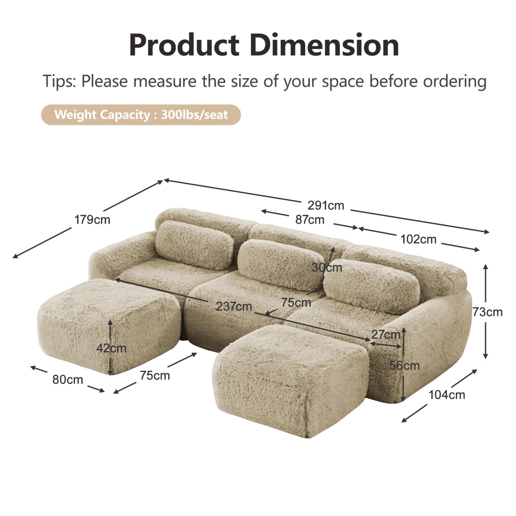Divano Modulare a U con Pouf; Senza Montaggio; Base Antiscivolo e Cuscini; in Peluche; Cachi Chiaro