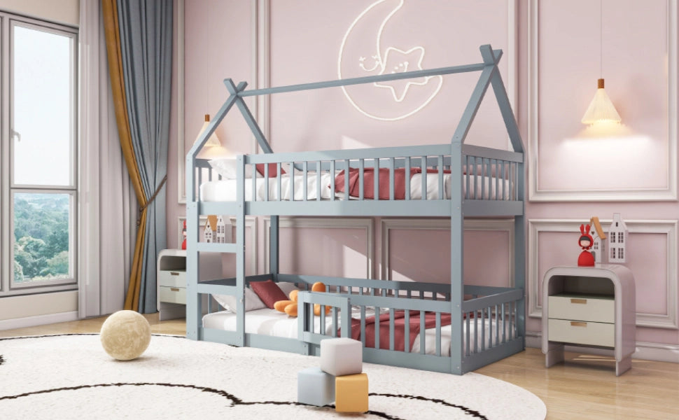 Letto a castello per bambini 90x200 cm con scala, design modulare, colore grigio