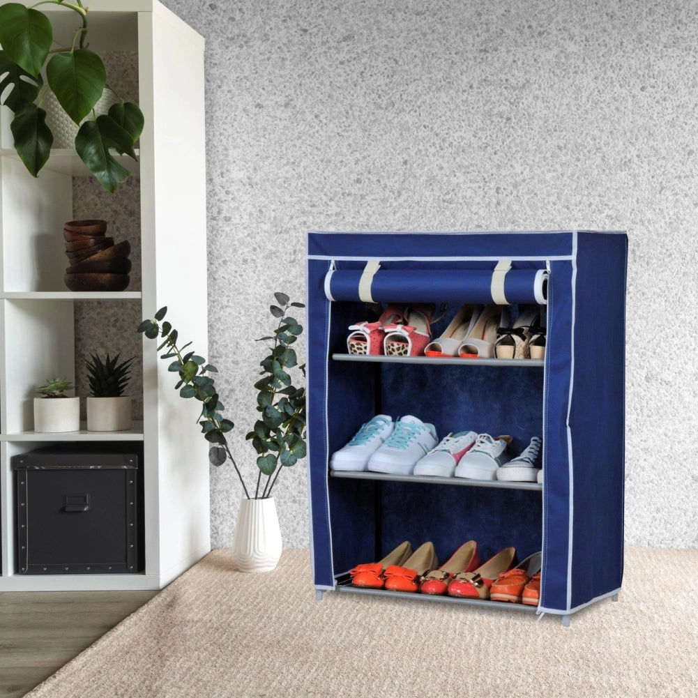 Scarpiera Salvaspazio Struttura Metallo Rivestimento TNT PortaScarpe Antipolvere Blu