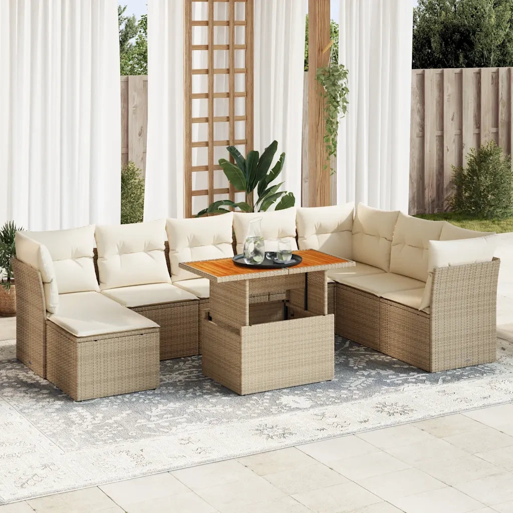Set Divano da Giardino 9 pz con Cuscini Beige in Polyrattan 3326963
