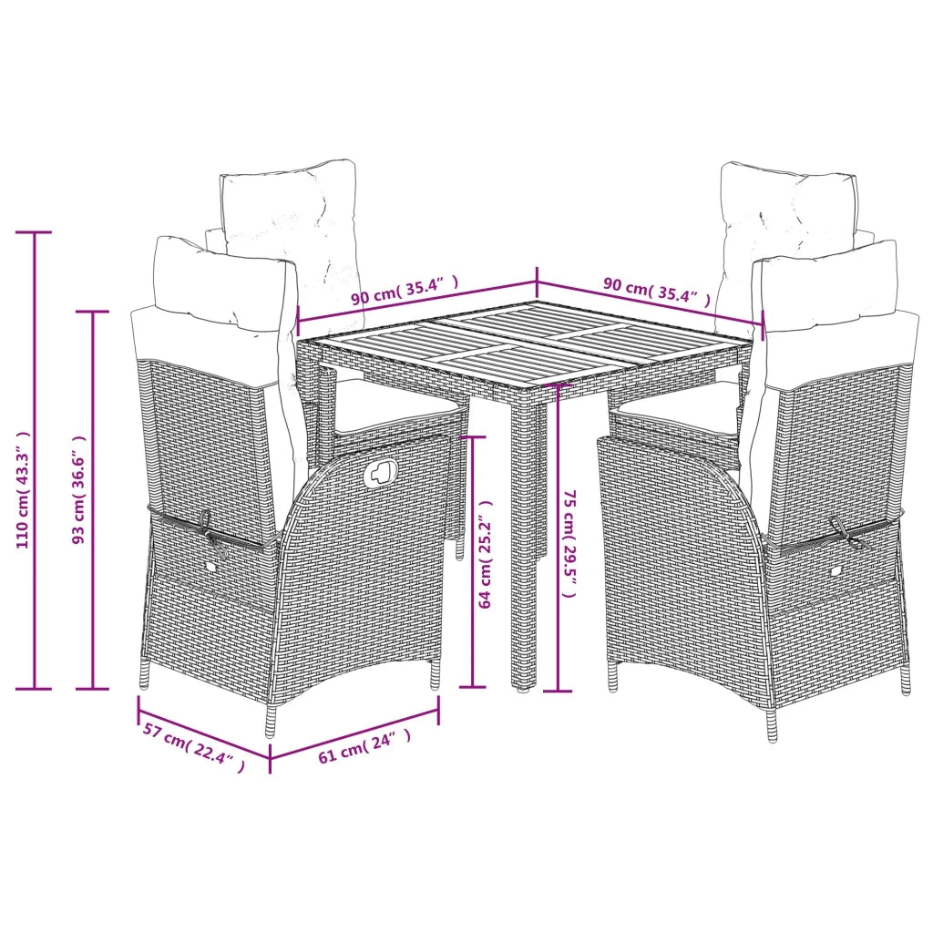 Set da Pranzo da Giardino 5 pz Nero con Cuscini in Polyrattan 3213095