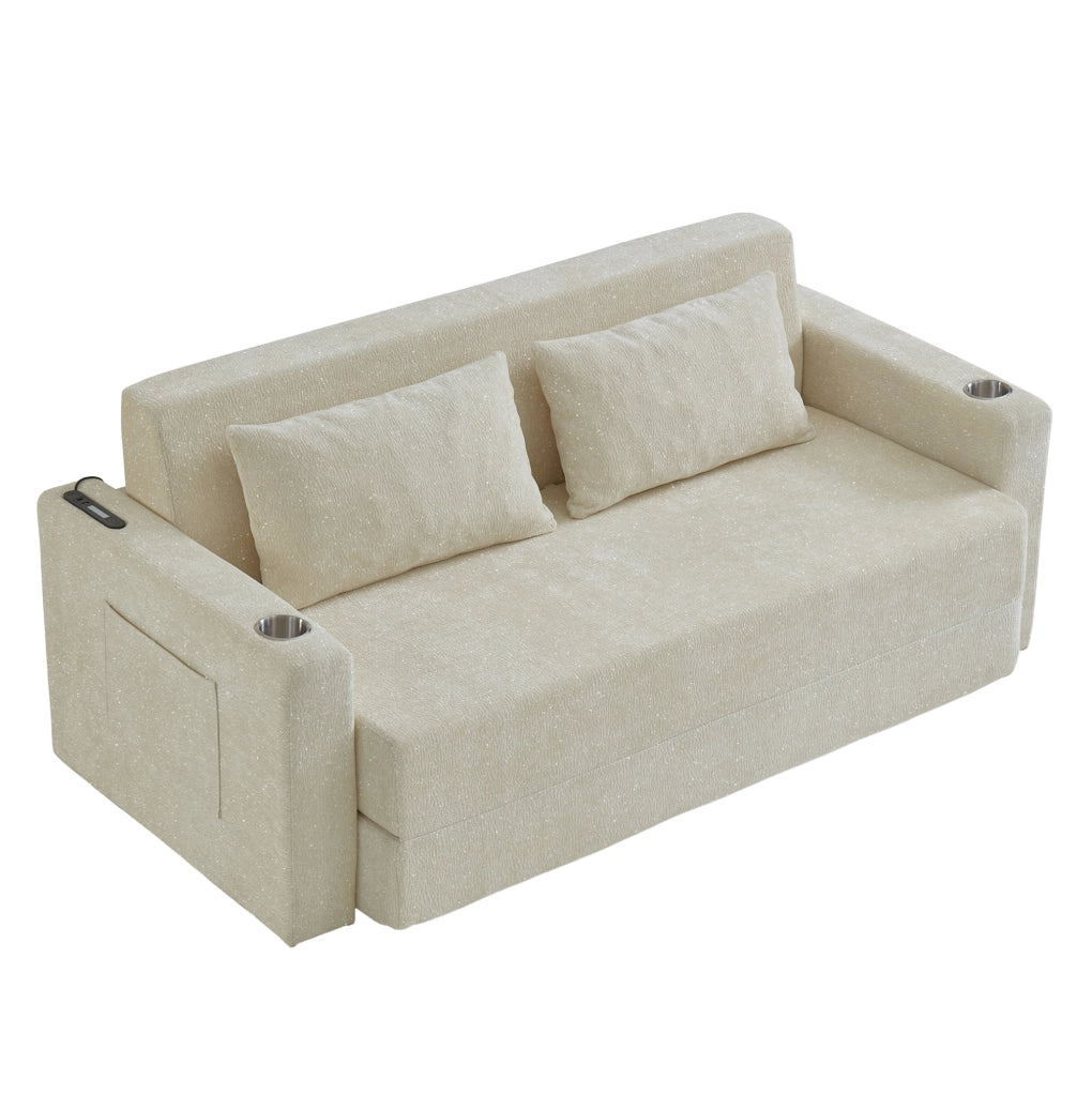 Divano letto 2-in-1 in chenille beige con USB e tasche laterali