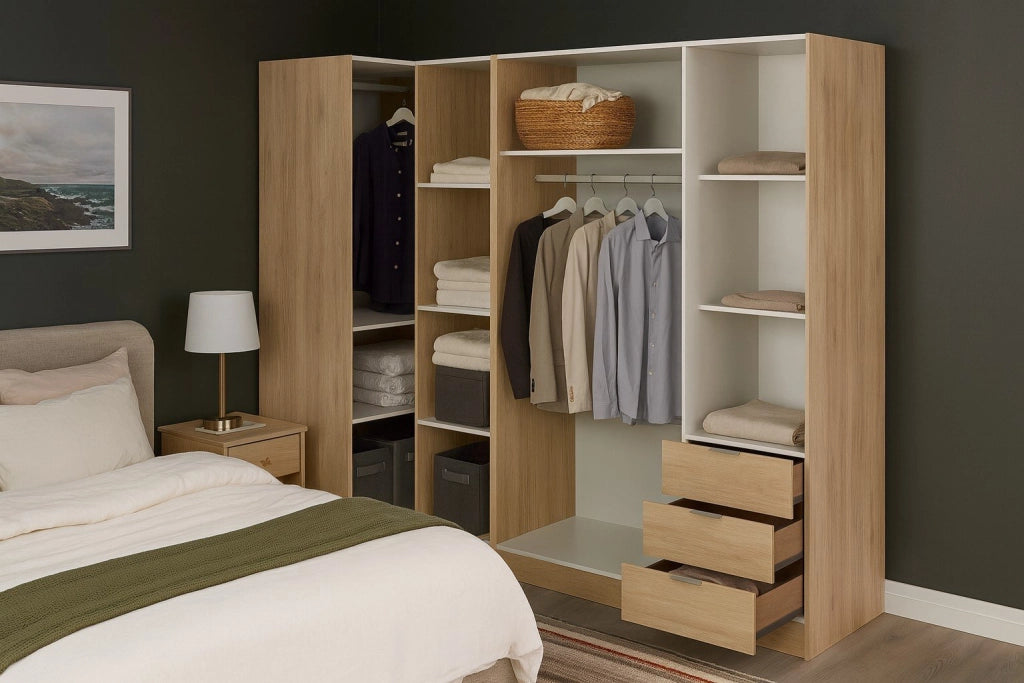 Guardaroba Atena, Mobile angolare per camera da letto, Armadio appendiabiti ad angolo a 5 ante battenti, 214x91h184 cm, Rovere