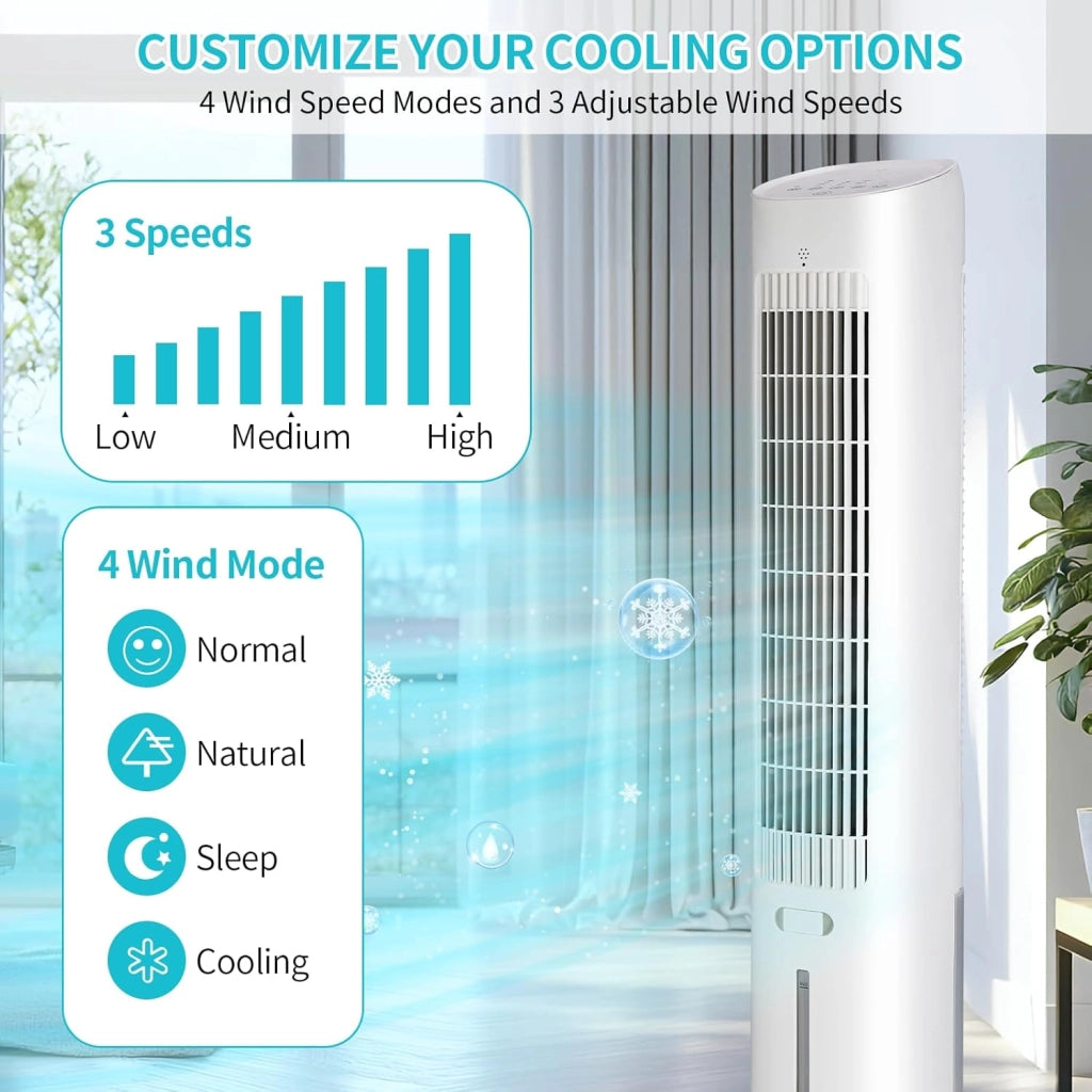 Ventilatore a torre funzione aroma con raffreddamento ad acqua con telecomando ventilatore a piantana 5,5 m/s 3 velocità 4 modalità 12 timer oscillazione 48° raffreddamento umidificazione