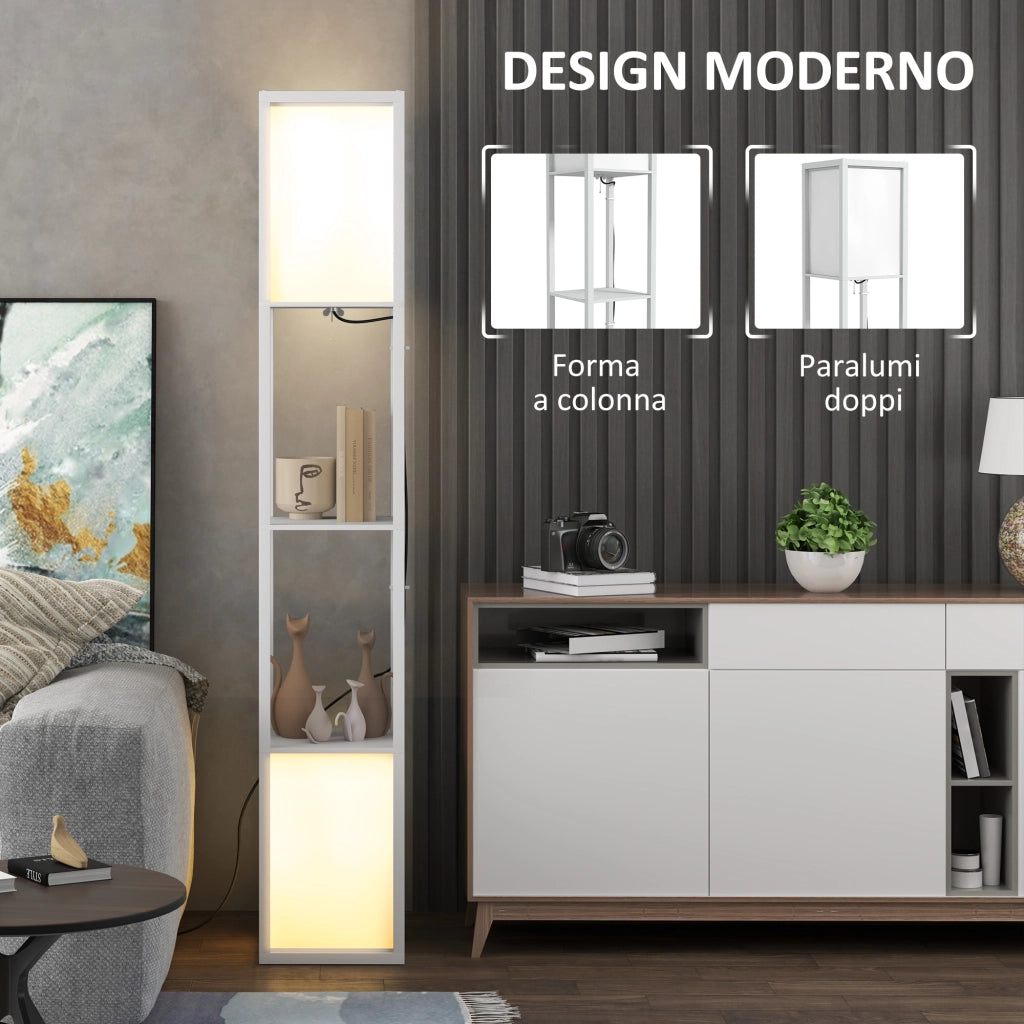 Lampada da Terra Moderna con 2 Paralumi e 2 Ripiani ¨C Minimal ¨C 26x26x156 cm, Bianco