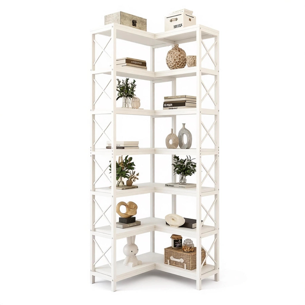 LIBRERIA ANGOLARE 117x29x30 cm Bianca in metallo e legno 7 ripiani