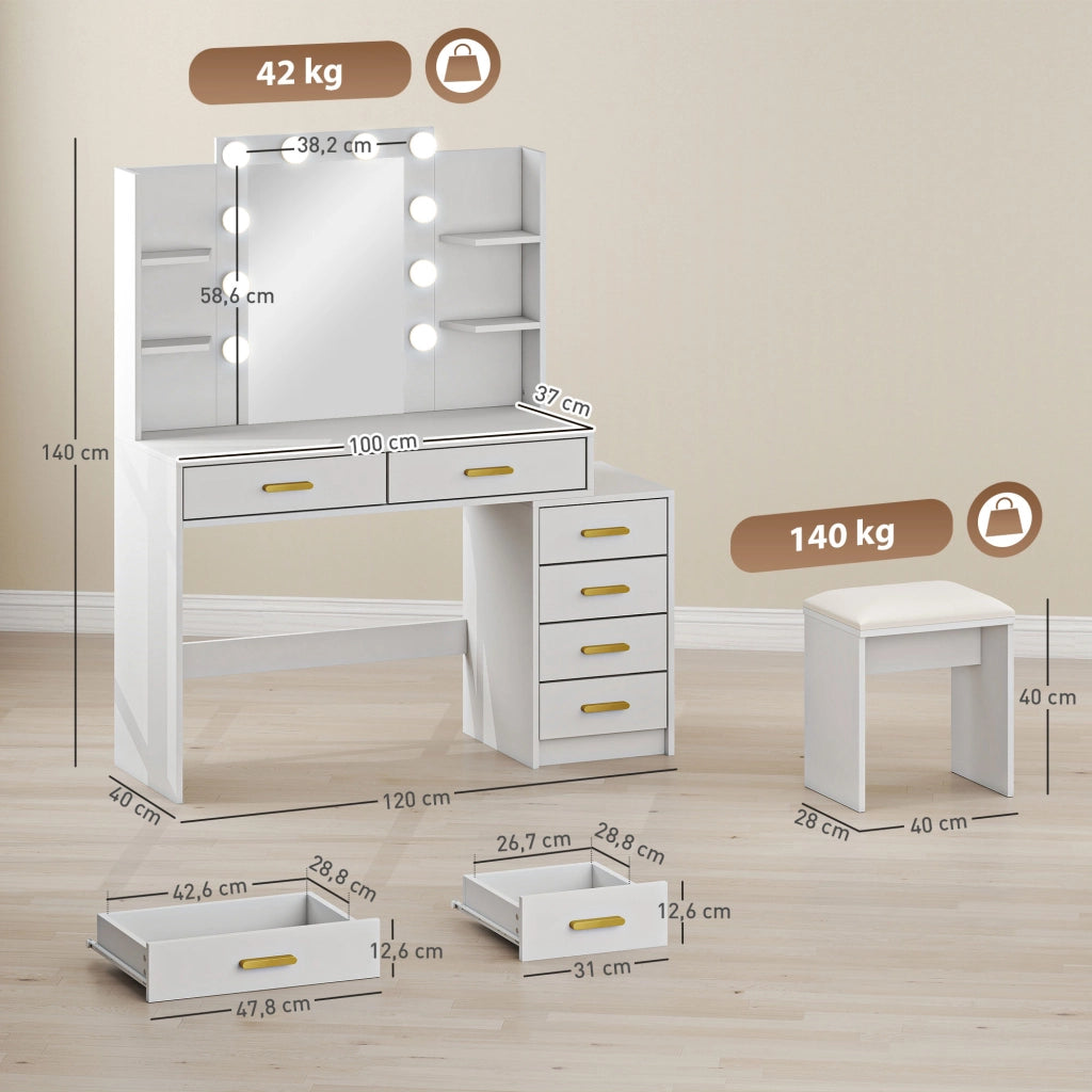 Scrivania Trucco con Specchio Illuminato e Sgabello Imbottito ¨C Minimal ¨C Bianco 6 Cassetti