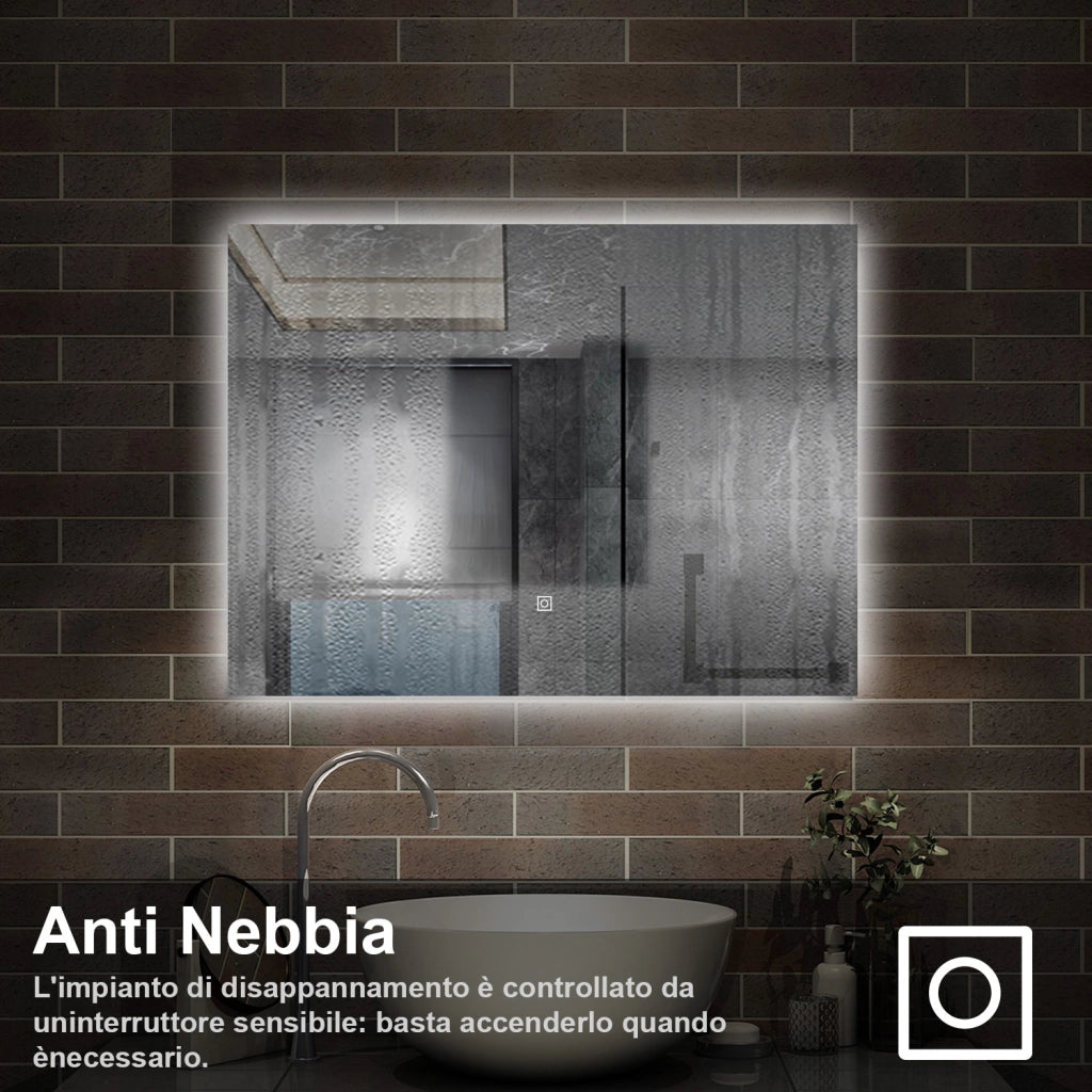 specchio 80 x 60 cm rettangolare con luce led antiappannamento e touch